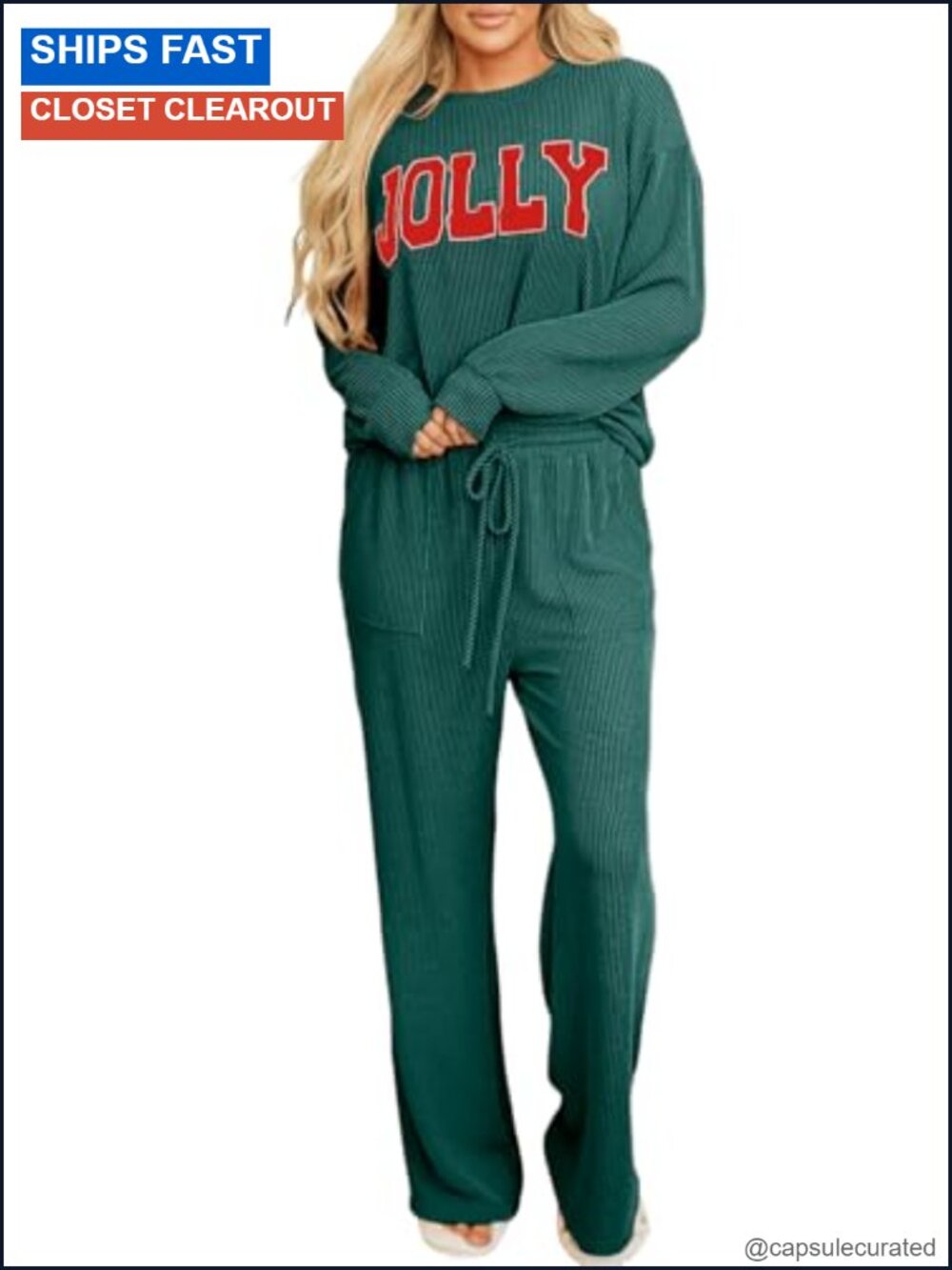 Women 2 Piece Pajama Set Ribbed Lounge Pants Pockets Long Sleeve